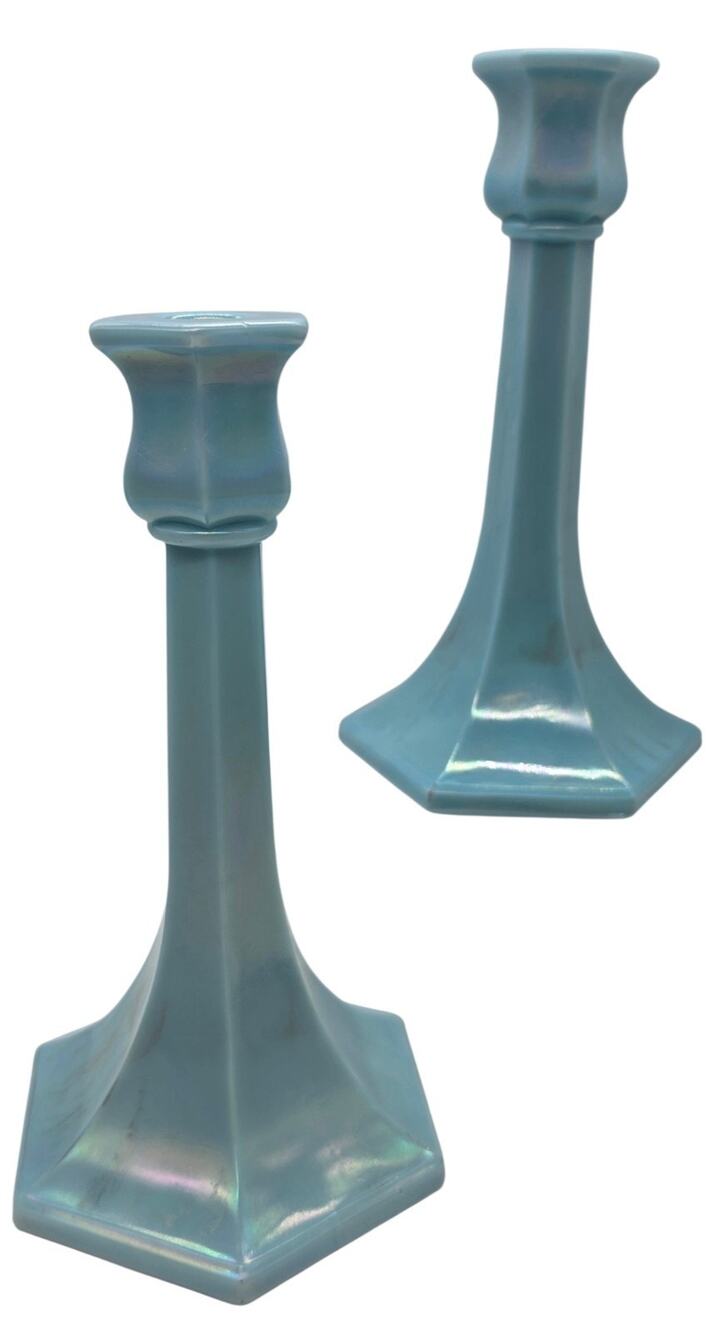 NORTHWOOD JADE BLUE #657 IRIDISED CANDLESTICKS 8 1/2" TALL